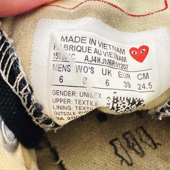 Converse Shoes Womens 8 Black Comme Des Garcons Play Chuck 70 High Top Sneakers - Picture 9 of 10